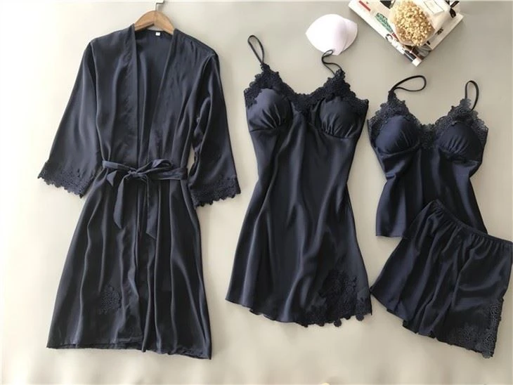 Women Lace Sexy Nightwear Four 4 Piece Sets Robe